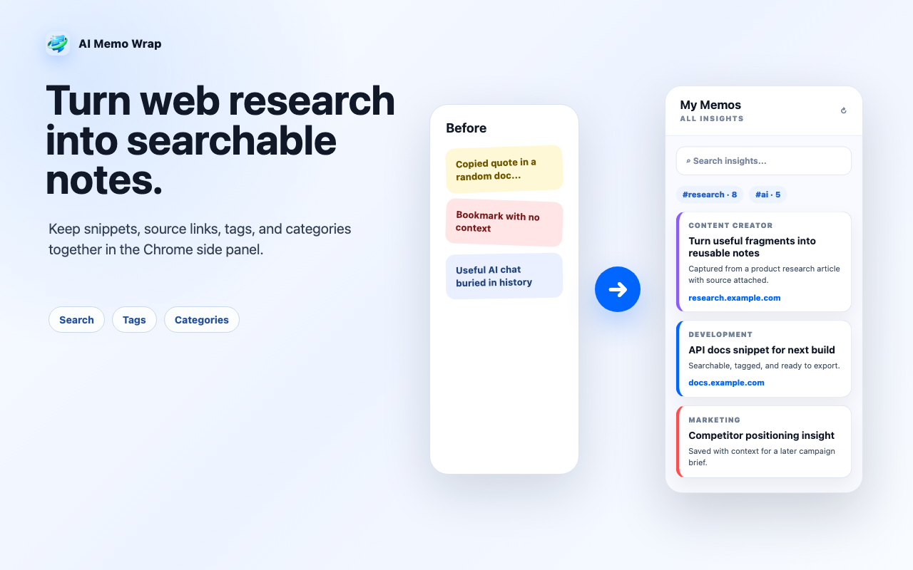 Turn web research into searchable notes