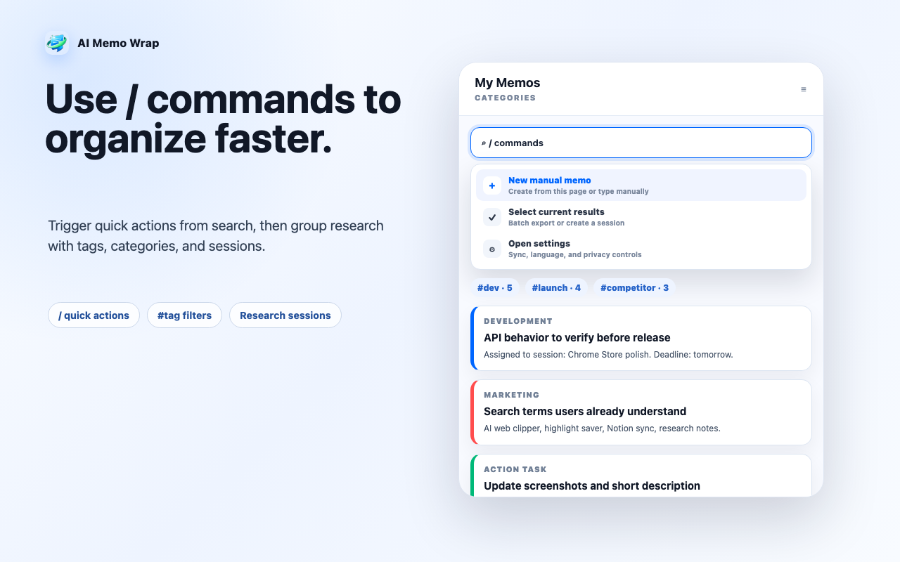 Organize with slash commands tags categories and sessions